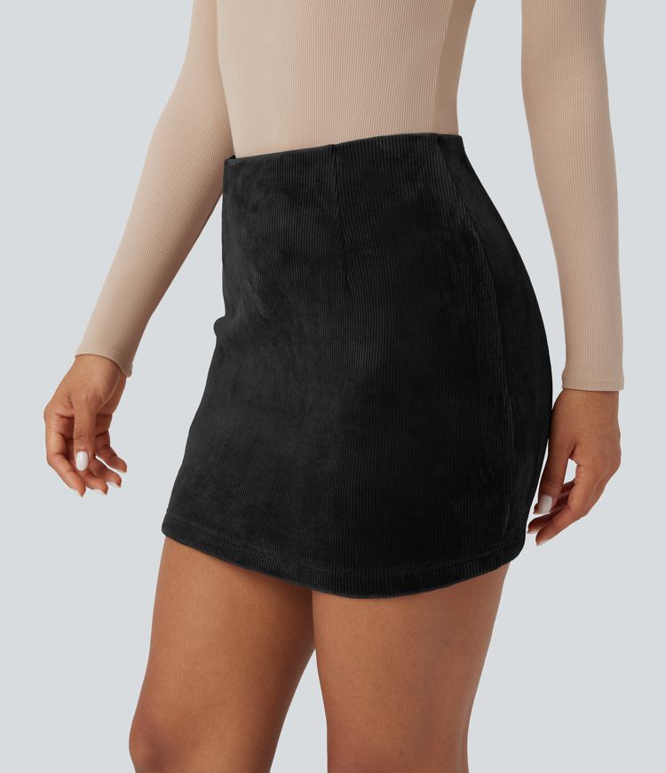 High Waisted Tummy Control Butt Lifting Fleece Corduroy Bodycon Mini Casual Skirt with Pockets
