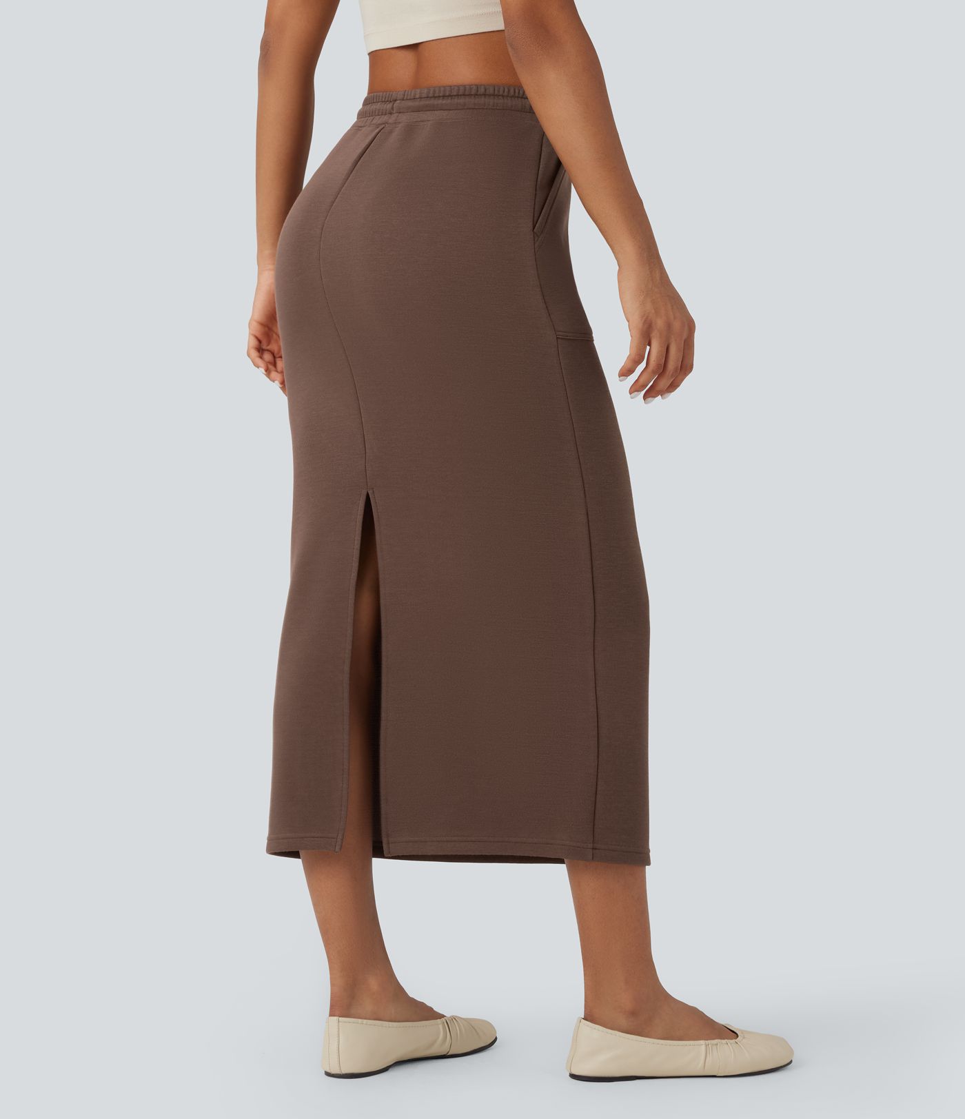 Falda casual midi de tiro alto con cordón y bolsillos