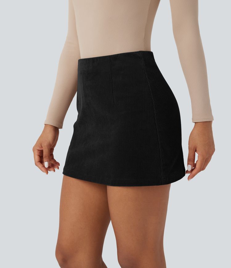 High Waisted Tummy Control Butt Lifting Fleece Corduroy Bodycon Mini Casual Skirt with Pockets