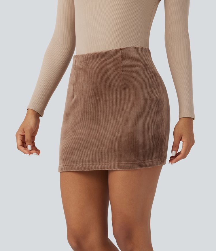 Minifalda casual ajustada de pana con tiro alto con control de abdomen y realce de glúteos push-up con bolsillos