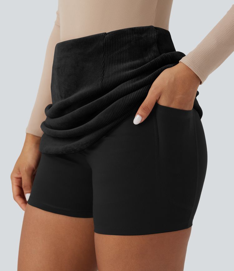 High Waisted Tummy Control Butt Lifting Fleece Corduroy Bodycon Mini Casual Skirt with Pockets