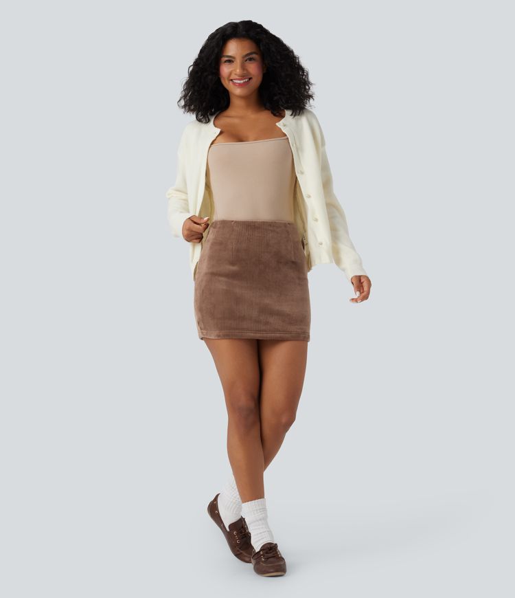 Minifalda casual ajustada de pana con tiro alto con control de abdomen y realce de glúteos push-up con bolsillos