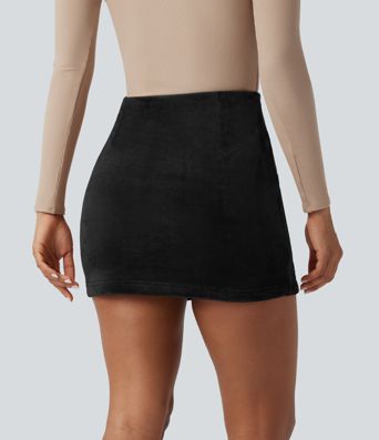 High Waisted Tummy Control Butt Lifting Fleece Corduroy Bodycon Mini Casual Skirt with Pockets