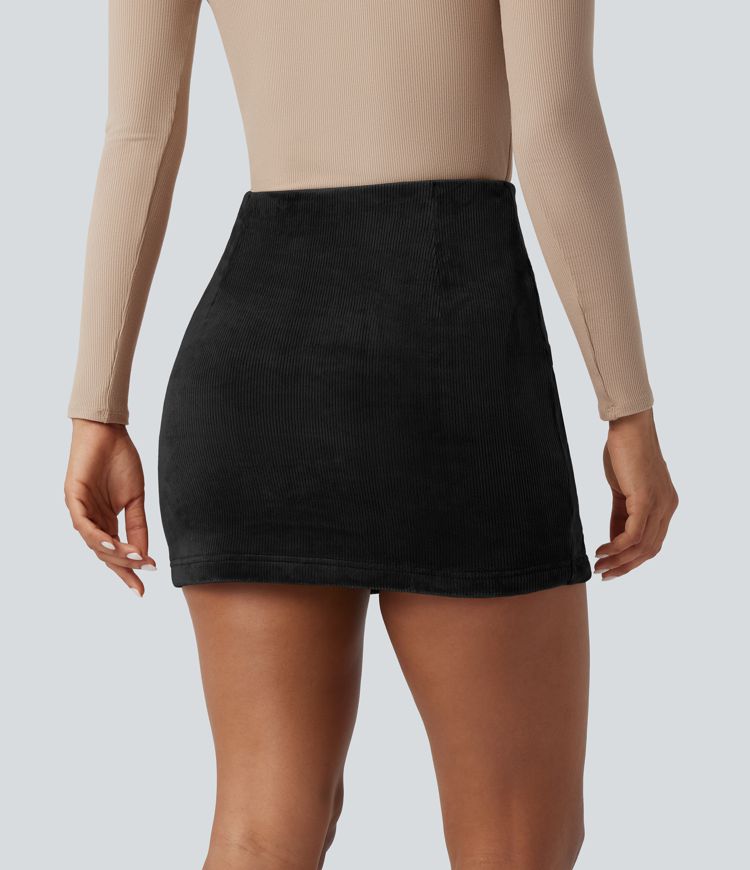 High Waisted Tummy Control Butt Lifting Fleece Corduroy Bodycon Mini Casual Skirt with Pockets
