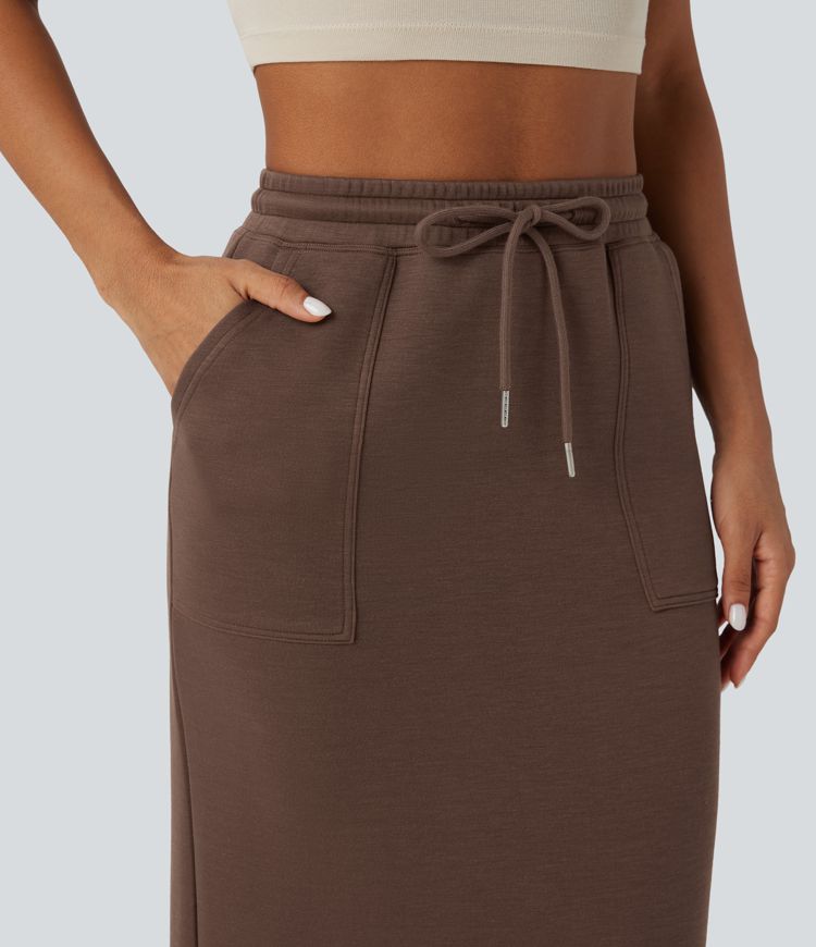 Falda casual midi de tiro alto con cordón y bolsillos