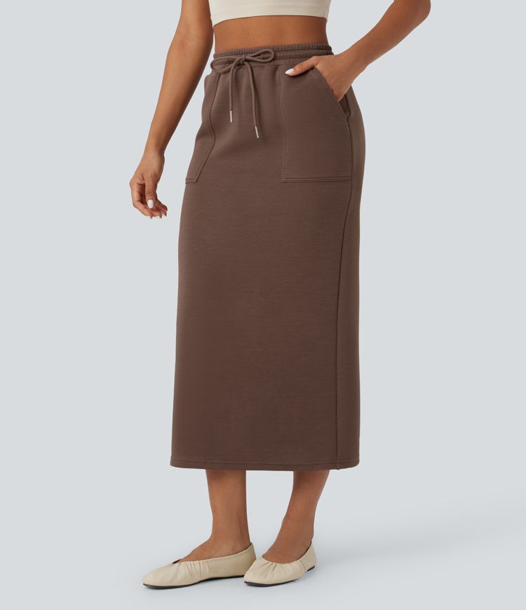 Falda casual midi de tiro alto con cordón y bolsillos