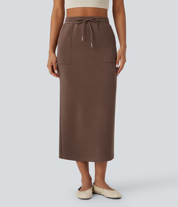 High Waisted Drawstring Midi Casual Skirt with Pockets