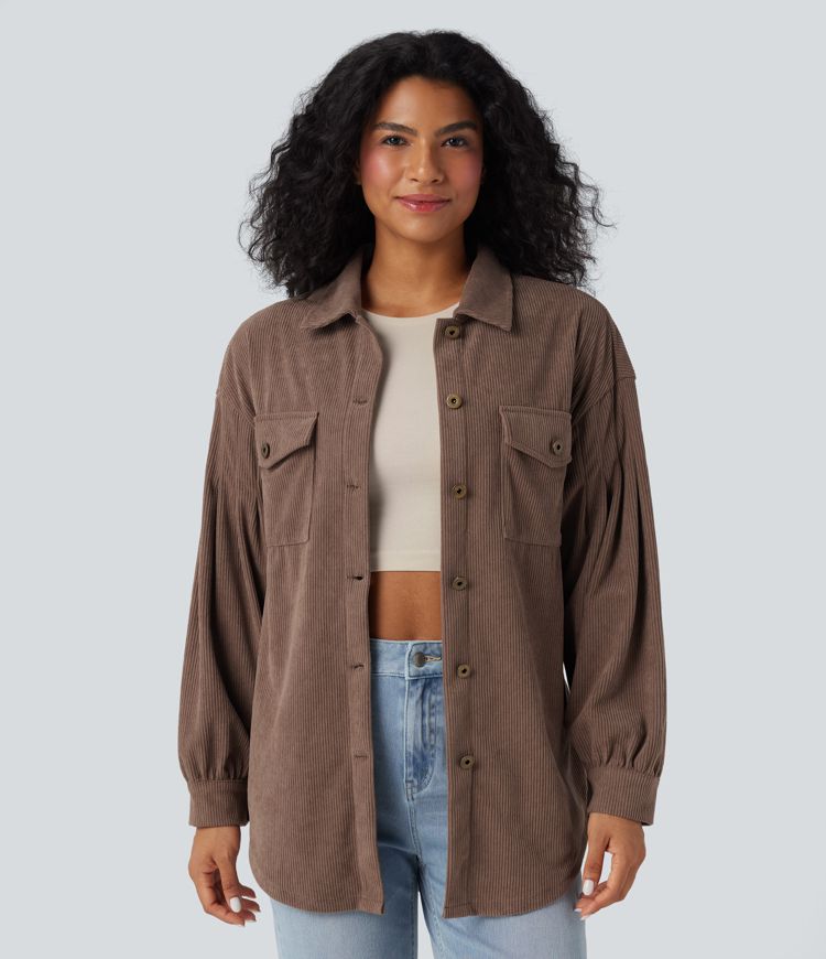 Long Sleeve Belted Curved Hem Corduroy Casual Shirt Jacket with Pockets