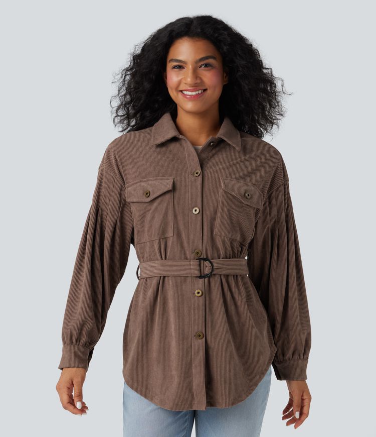 Long Sleeve Belted Curved Hem Corduroy Casual Shirt Jacket with Pockets