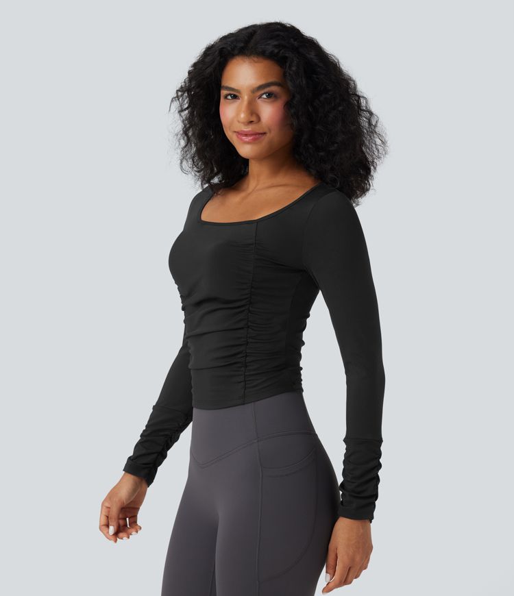 SoftlyZero™ Airy Square Neck Long Sleeve Ruched Cool Touch Workout Sports Top