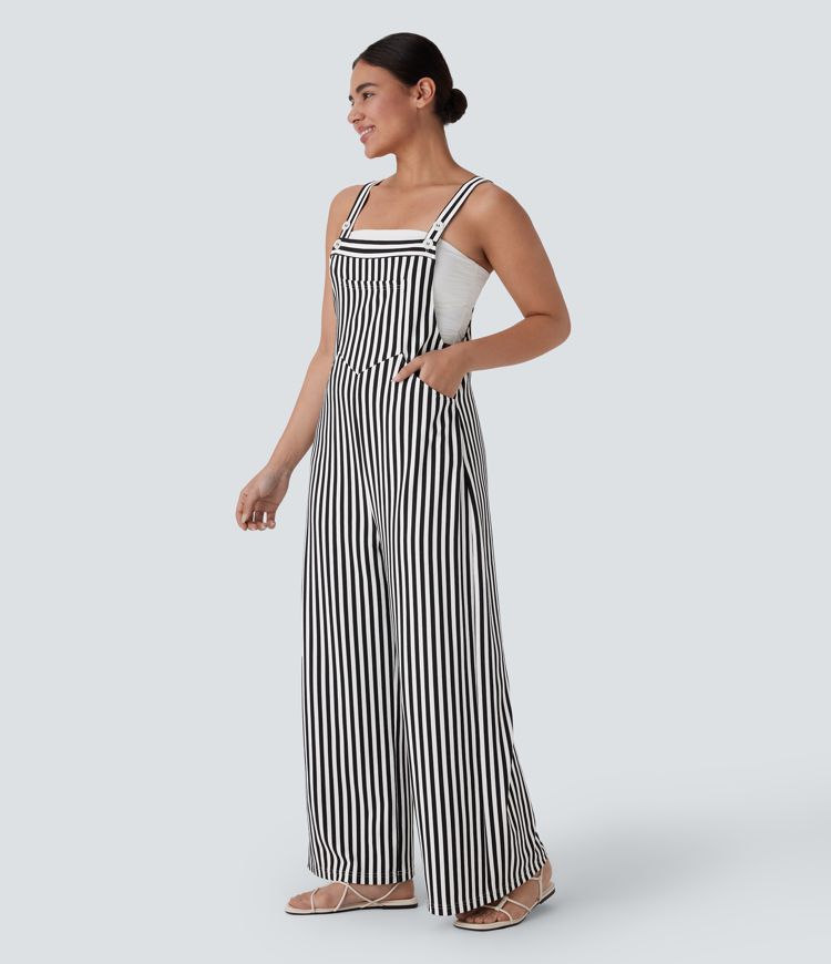 Adjustable Strap Button Multiple Pockets Stripe Resort Overalls