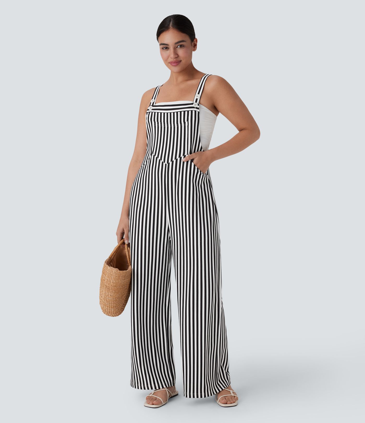 Pockets Stripe Waffle Overalls