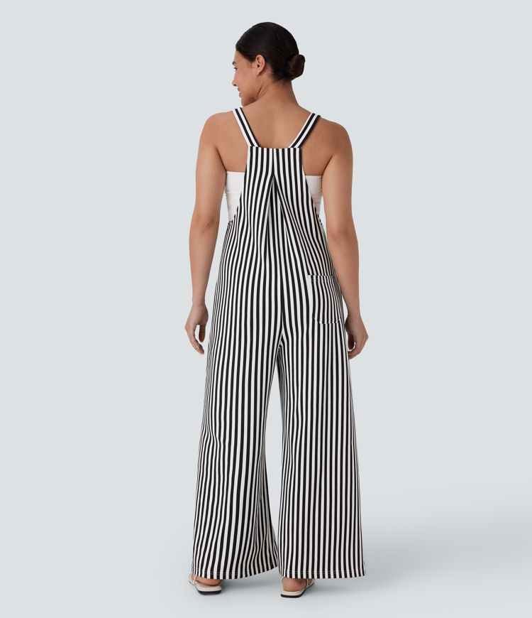 Adjustable Strap Button Multiple Pockets Stripe Resort Overalls