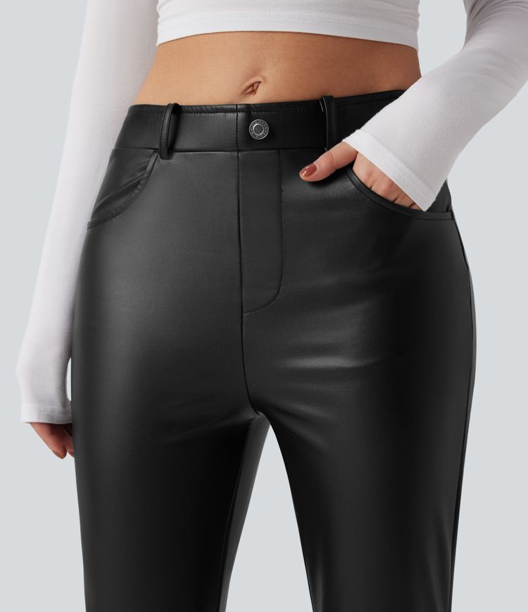 Mid Rise Stretchy PU Fleece 7/8 Casual Tapered Trousers with Pockets