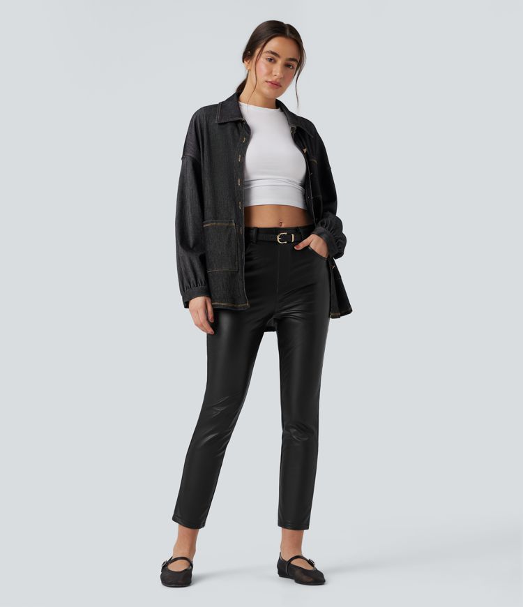 Mid Rise Stretchy PU Fleece 7/8 Casual Tapered Trousers with Pockets