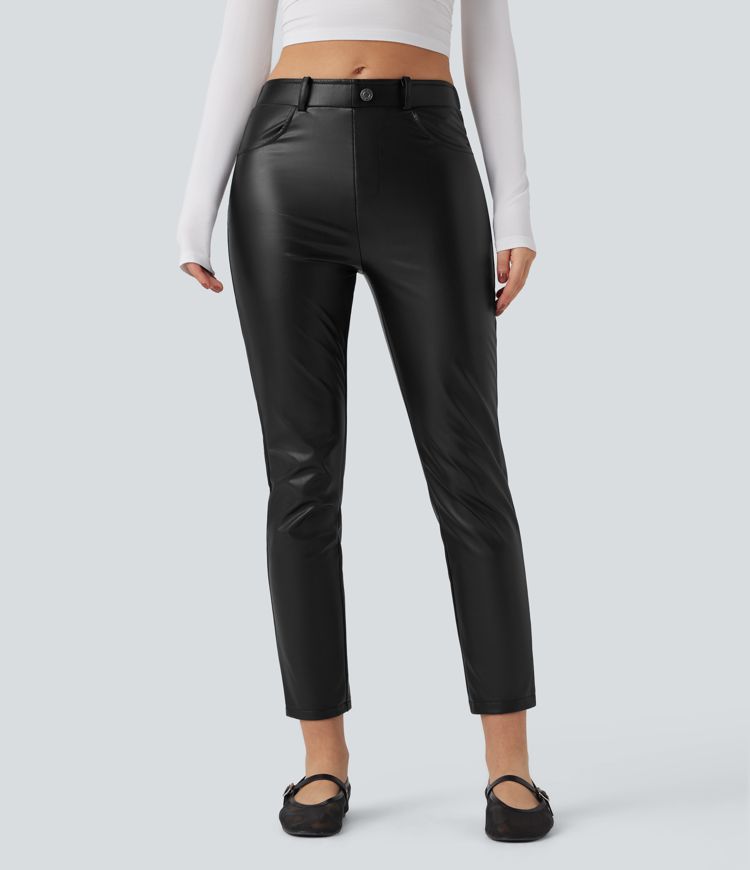 Mid Rise Stretchy PU Fleece 7/8 Casual Tapered Trousers with Pockets