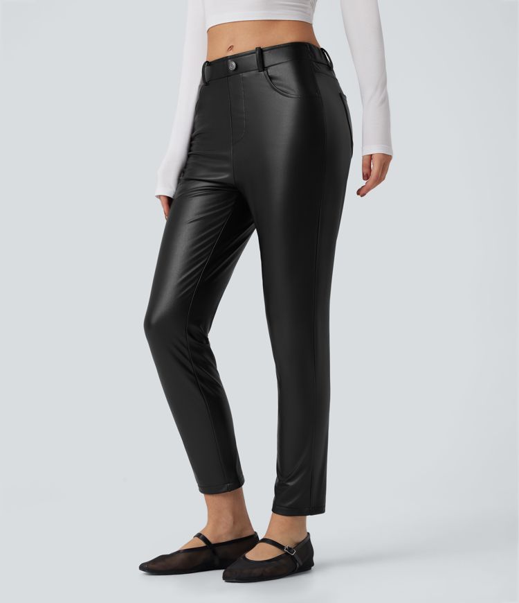 Mid Rise Stretchy PU Fleece 7/8 Casual Tapered Trousers with Pockets