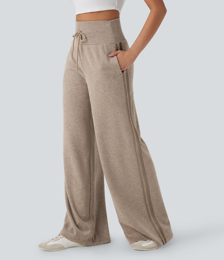 Ribbed SoCinched High Waisted Tummy Control Drawstring Wide Leg Color Block Casual Pants with Pockets
