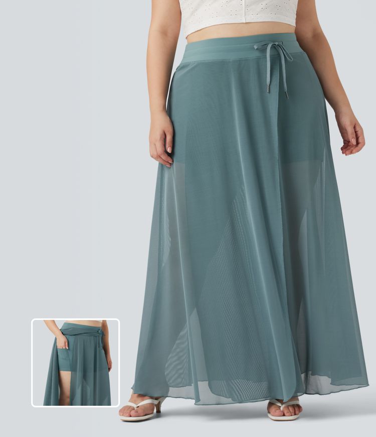 Plus Size High Waisted Drawstring Contrast Mesh 2-in-1 Flowy Maxi Skirt with Pockets