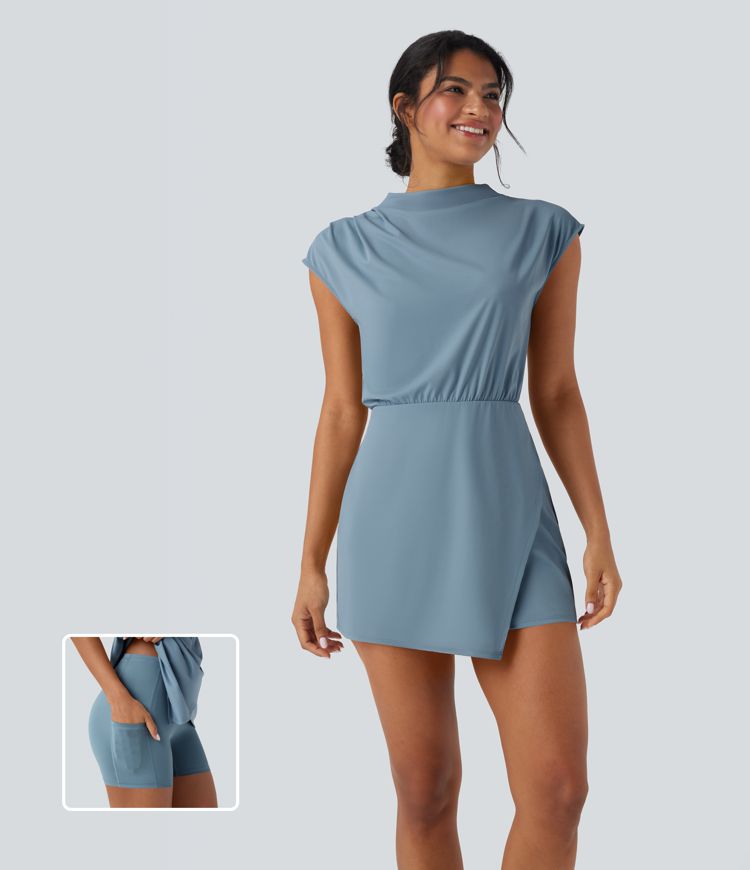 Stand Collar Cap Sleeve Quick Dry 2-Piece Mini Work Dress with Pocket-UPF40+