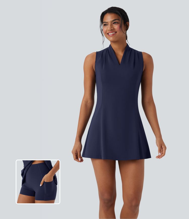 Robe de golf active courte SoftlyZero™ Plush col V sans manches 2 pièces avec poches
