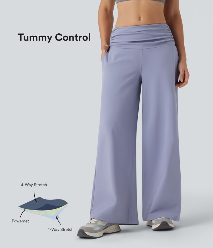 Low Rise Tummy Control Ruched Wide Leg Dance Pants with Pockets