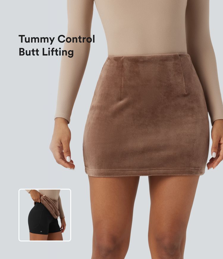 High Waisted Tummy Control Butt Lifting Corduroy Bodycon Mini Casual Skirt with Pockets