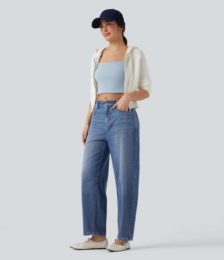 Halara Flex™ Denim Heat Mid Rise Barrel Leg Casual Jeans with Pockets