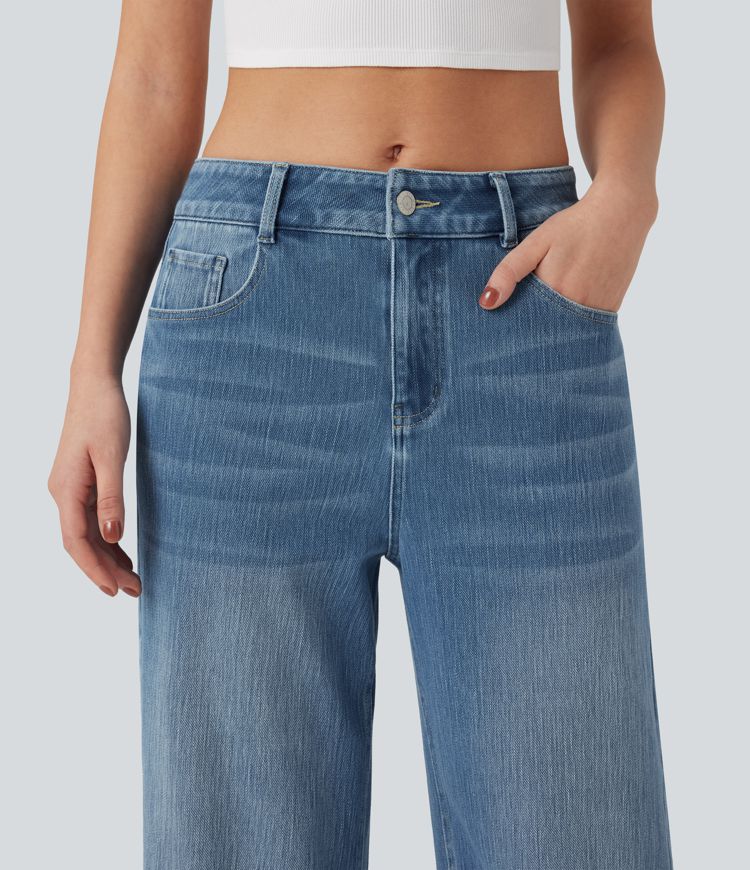 Halara Flex™ Mid Rise Wide Leg Washed Casual Jeans with Pockets
