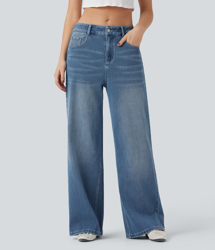 Halara Flex™ Mid Rise Wide Leg Washed Casual Jeans with Pockets