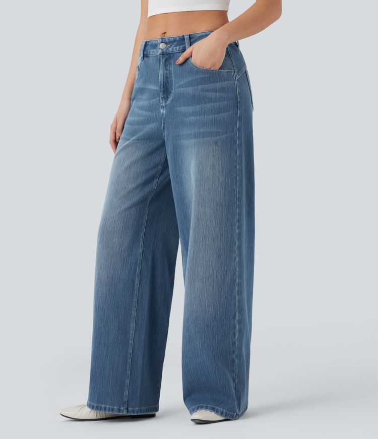 Halara Flex™ Mid Rise Wide Leg Washed Casual Jeans with Pockets