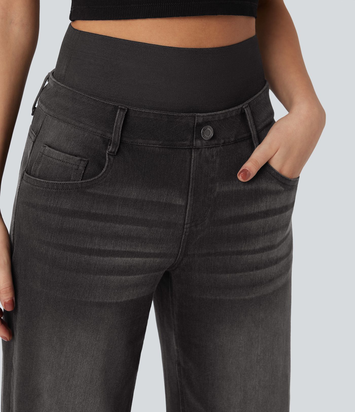 Jean large délavé Halara Flex™ taille haute gainant avec poches