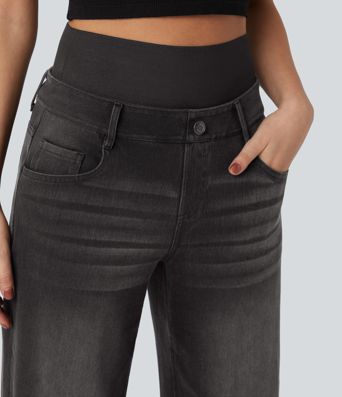 Jean large délavé Halara Flex™ taille haute gainant avec poches
