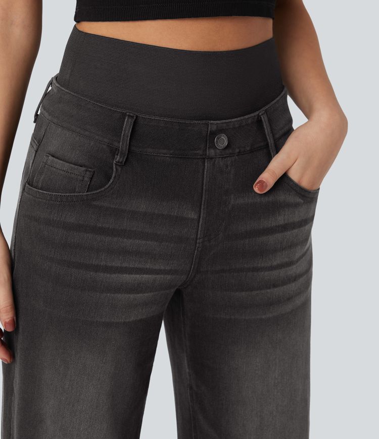Jean large délavé Halara Flex™ taille haute gainant avec poches