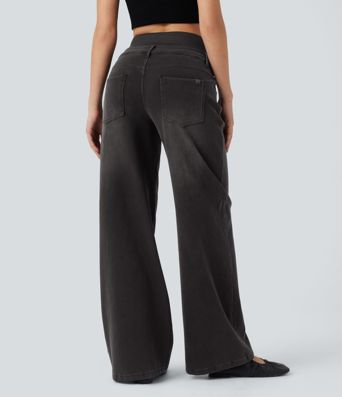 Jean large délavé Halara Flex™ taille haute gainant avec poches
