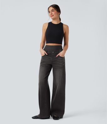 Jean large délavé Halara Flex™ taille haute gainant avec poches