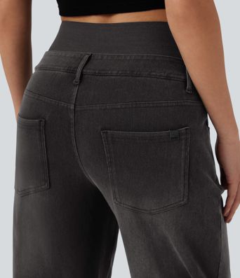 Jean large délavé Halara Flex™ taille haute gainant avec poches