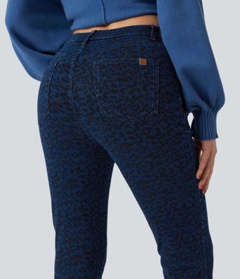 Halara Flex™ Leoparden-Print High-Waist Casual Skinny 7/8 Jeans mit Taschen