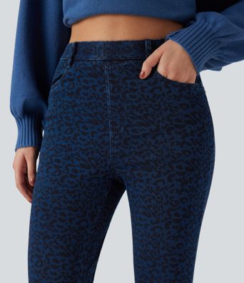Halara Flex™ Leoparden-Print High-Waist Casual Skinny 7/8 Jeans mit Taschen