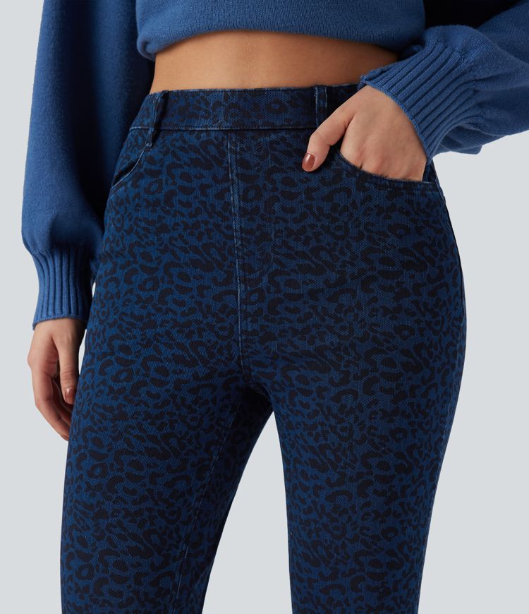 Halara Flex™ Leoparden-Print High-Waist Casual Skinny 7/8 Jeans mit Taschen