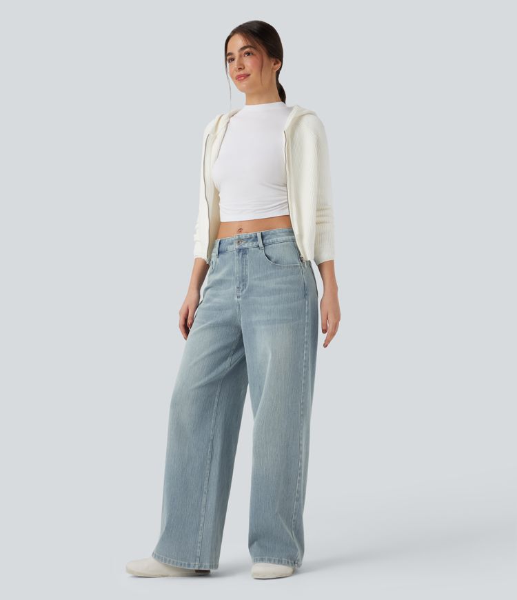 Halara Flex™ vaqueros relajados de talle medio, de pierna ancha, lavados, con bolsillos