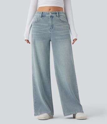 Halara Flex™ Mid-rise relaxte jeans met wijde pijpen, gewassen, met zakken Halara Flex™ Mid-rise relaxte jeans met wijde pijpen, gewassen, met zakken