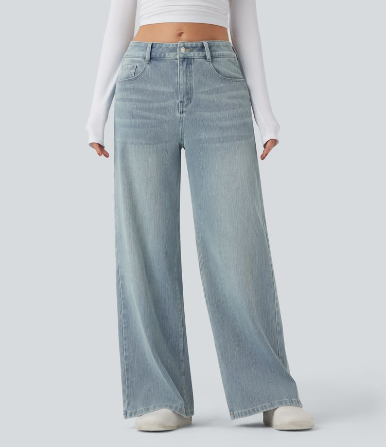 Halara Flex™ Mid-rise relaxte jeans met wijde pijpen, gewassen, met zakken Halara Flex™ Mid-rise relaxte jeans met wijde pijpen, gewassen, met zakken