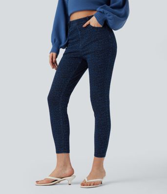 Halara Flex™ Leoparden-Print High-Waist Casual Skinny 7/8 Jeans mit Taschen