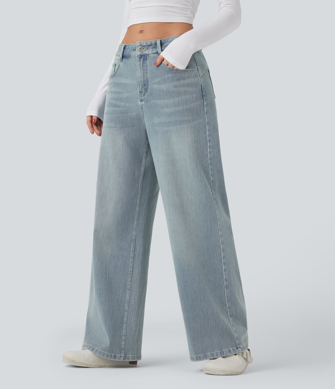 Halara Flex™ vaqueros relajados de talle medio, de pierna ancha, lavados, con bolsillos