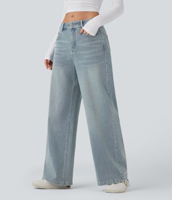 Halara Flex™ vaqueros relajados de talle medio, de pierna ancha, lavados, con bolsillos