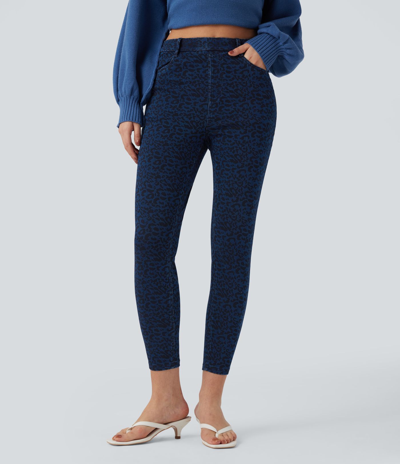 Halara Flex™ Leoparden-Print High-Waist Casual Skinny 7/8 Jeans mit Taschen