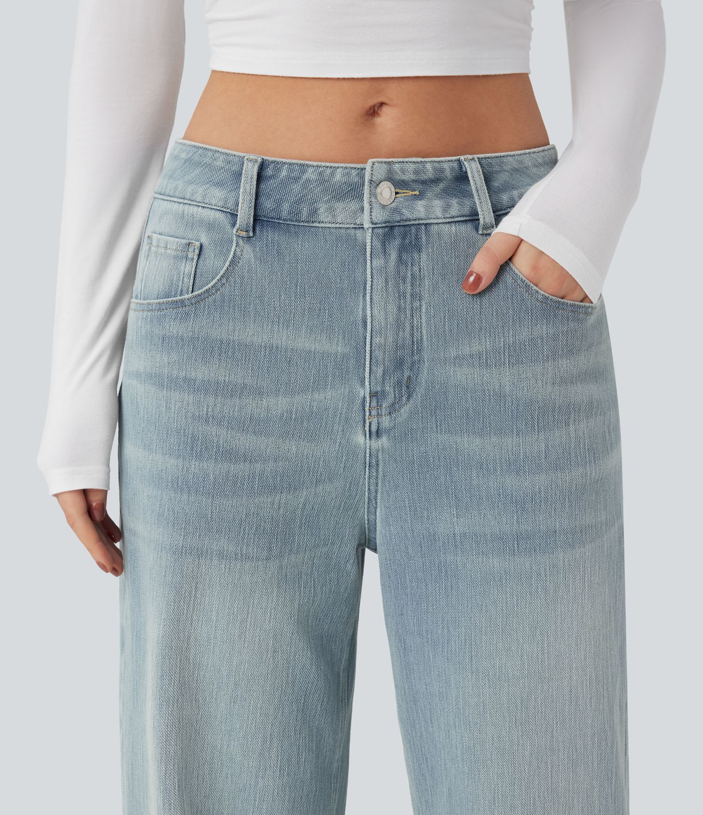 Halara Flex™ vaqueros relajados de talle medio, de pierna ancha, lavados, con bolsillos