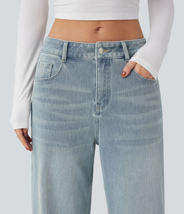 Halara Flex™ vaqueros relajados de talle medio, de pierna ancha, lavados, con bolsillos