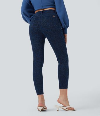 Halara Flex™ Leoparden-Print High-Waist Casual Skinny 7/8 Jeans mit Taschen